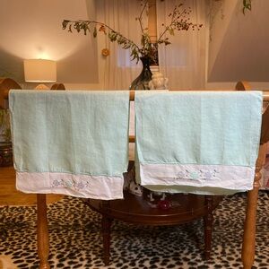 Vintage Mint Green and White Embroidered linen dish Towels